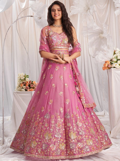 Rajwada Pink Silk Blend Embellished Lehenga For Women
