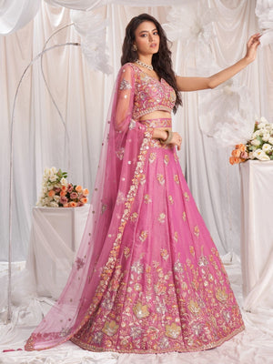 Rajwada Pink Silk Blend Embellished Lehenga For Women