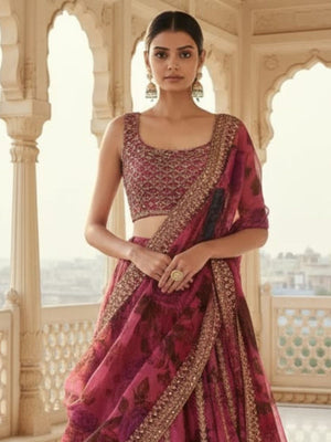 Rajwada Maroon Organza Embellished Lehenga For Women