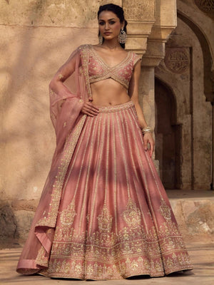 Rajwada Peach Georgette Embellished Lehenga For Women