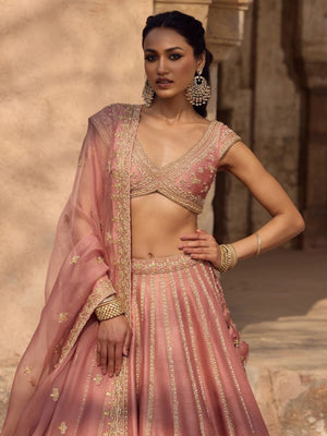 Rajwada Peach Georgette Embellished Lehenga For Women
