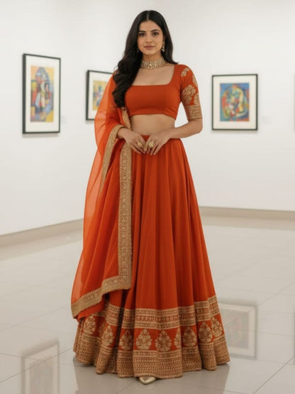 Rajwada Orange Georgette Embellished Lehenga For Women
