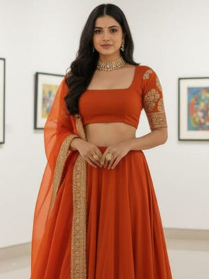 Rajwada Orange Georgette Embellished Lehenga For Women