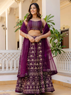 Rajwada Wine Georgette Embroidered Lehenga For Women