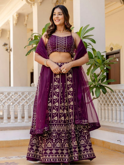 Rajwada Wine Georgette Embroidered Lehenga For Women