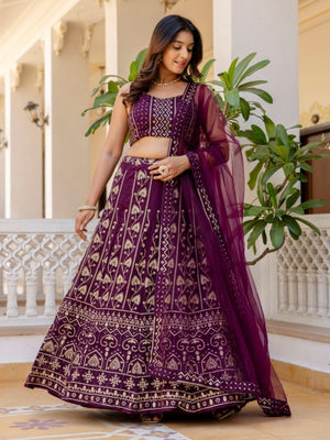 Rajwada Wine Georgette Embroidered Lehenga For Women