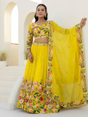 Rajwada Yellow Organza Embroidered Lehenga For Women