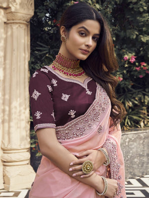 Rajwada Light Pink Georgette Embroidered Elegant Saree For Women