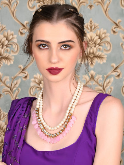 Rajwada Women Pink And White Long Necklace Set