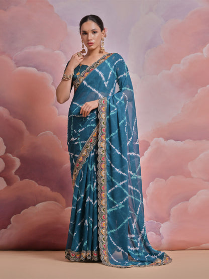 Rajwada Blue Printed Georgette Saree With Unstitched Blouse For Women
