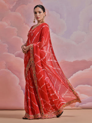 Rajwada Red Printed Georgette Saree With Unstitched Blouse For Women