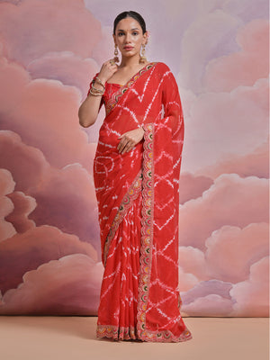 Rajwada Red Printed Georgette Saree With Unstitched Blouse For Women
