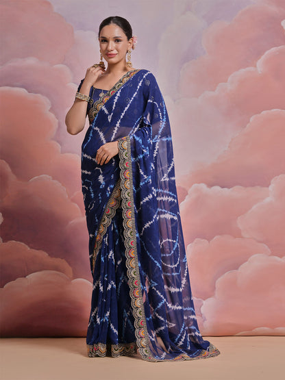 Rajwada Navy Blue Printed Georgette Saree With Unstitched Blouse For Women