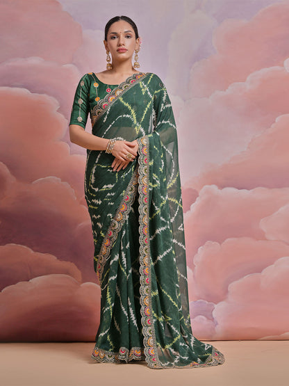 Rajwada Green Printed Georgette Saree With Unstitched Blouse For Women