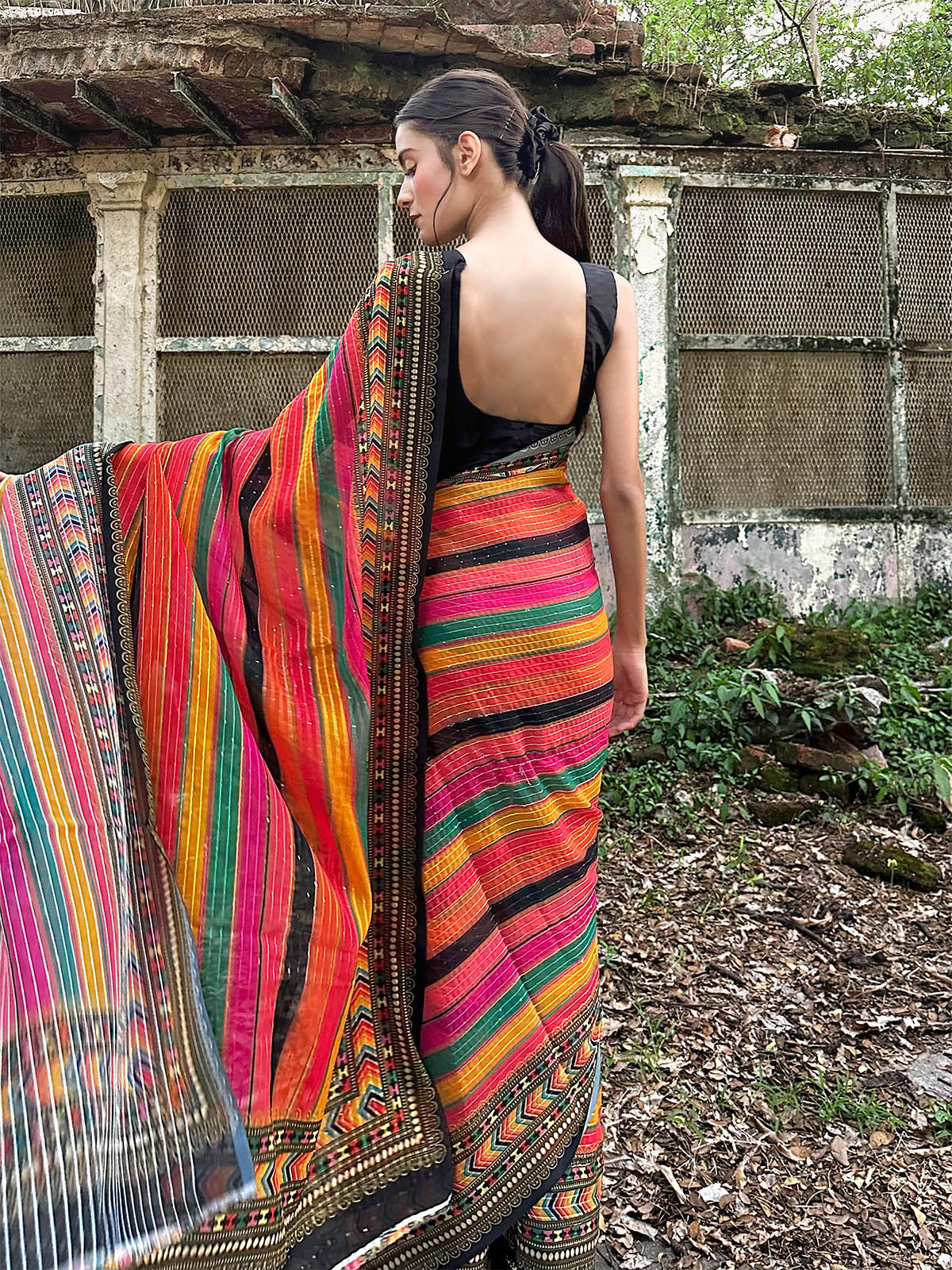 Rajwada - Classic Multicolor Georgette Sequins Saree with Unstitched Blouse