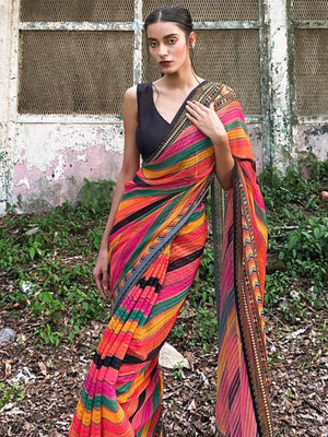 Rajwada - Classic Multicolor Georgette Sequins Saree with Unstitched Blouse