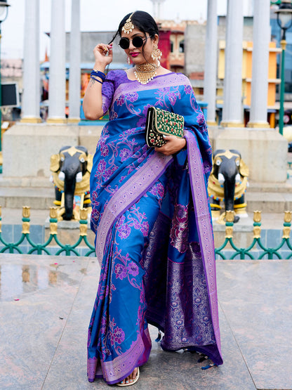 Rajwada Dark Blue Handloom Woven Satin Saree For Women