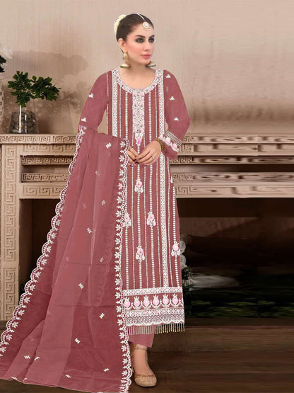 Rajwada Maroon Embroidered Georgette Semi Stitched Kurta Set With Dupatta For Women