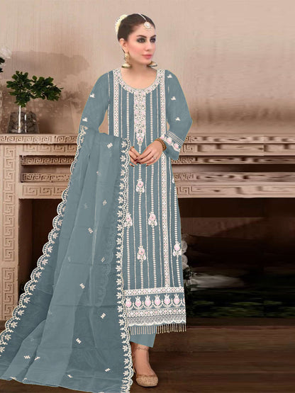 Rajwada Sea Green Embroidered Georgette Semi Stitched Kurta Set With Dupatta For Women