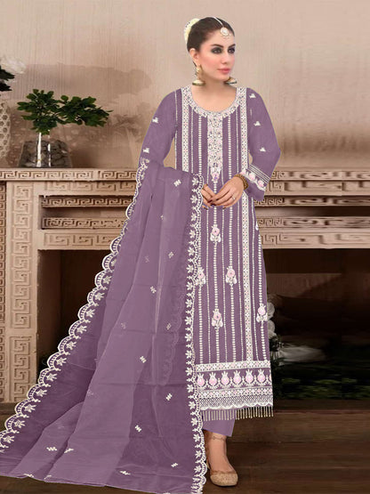 Rajwada Purple Embroidered Georgette Semi Stitched Kurta Set With Dupatta For Women