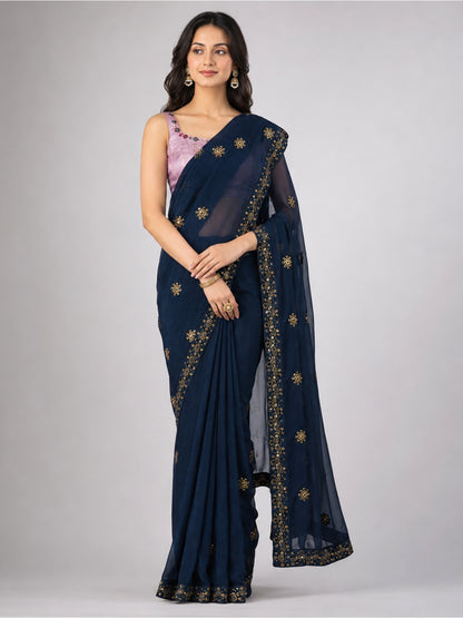 Teal Blue Silk Blend Embellished Saree