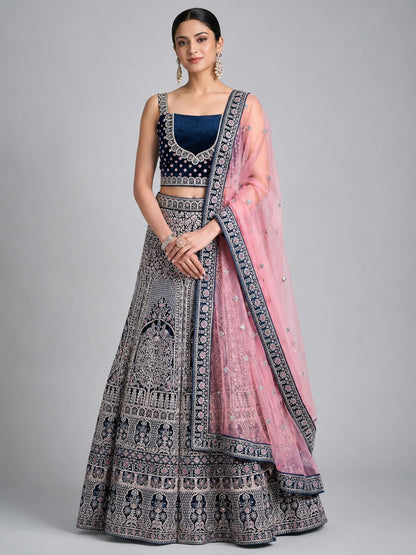 Teal Blue Silk Blend Embellished Lehenga