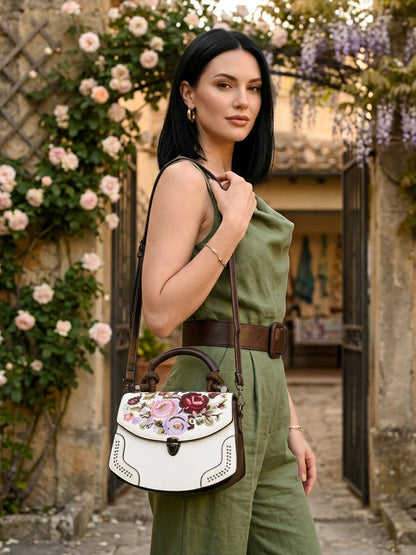 Rajwada White And Brown PU Embroidered Hand Bag For Women