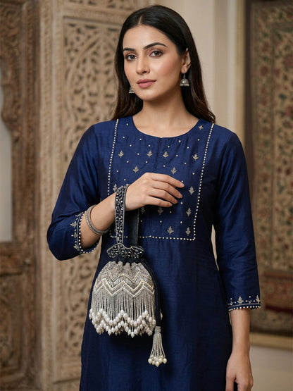 Rajwada Black Suede Cutdana And Pearl Embellished Potli For Women