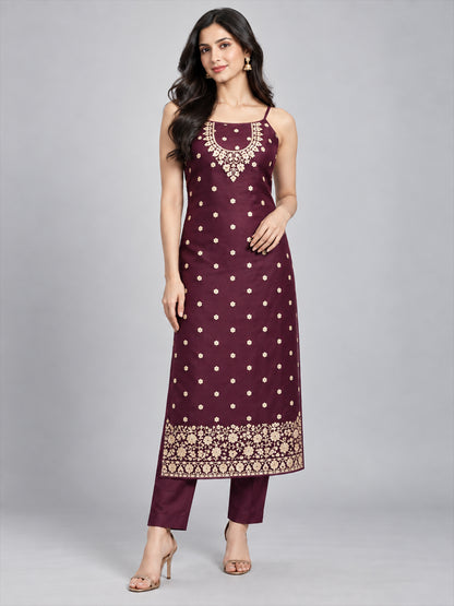 Wine Net Embellished Kurta Set