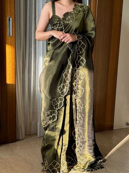 Rajwada Green Embellished Silk Blend Saree With Unstitched Blouse For Women