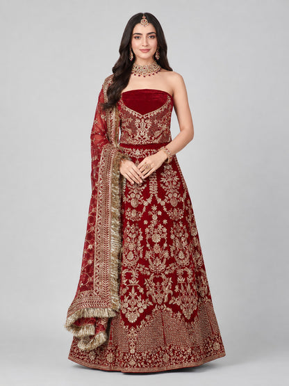 Red Silk Blend Embellished Lehenga