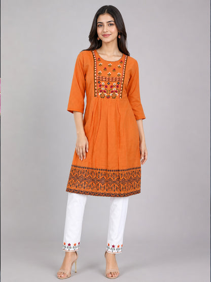 Orange Cotton Blend Printed Kurta Set