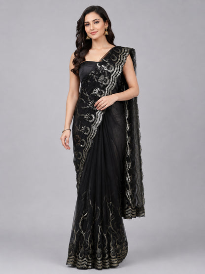 Black Net Embellished Saree