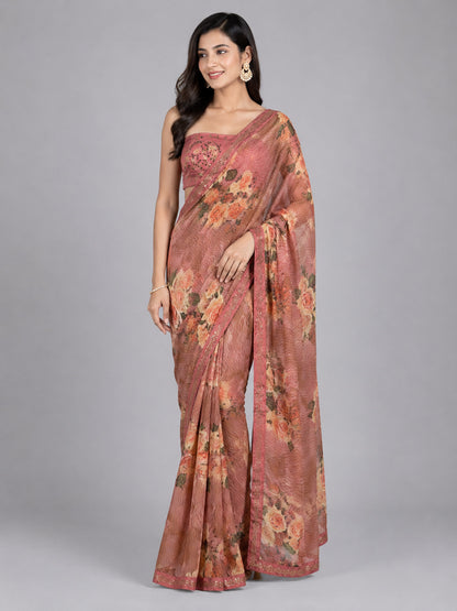Peach Silk Blend Embellished Saree