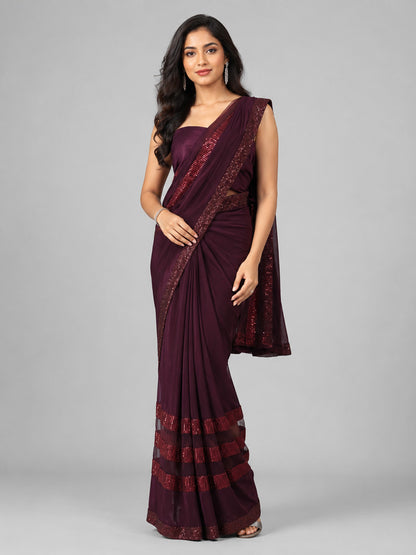Wine Velvet Embellished Saree