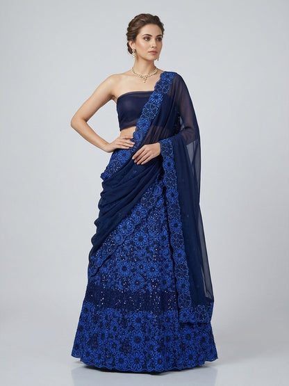 Navy Blue Georgette Embroidered Lehenga