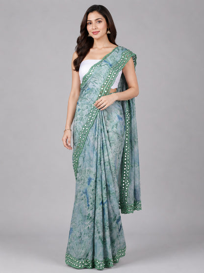 Sage Green Chinon Embellished Saree