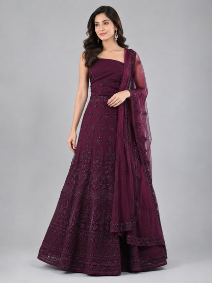 Wine Georgette Embellished Lehenga