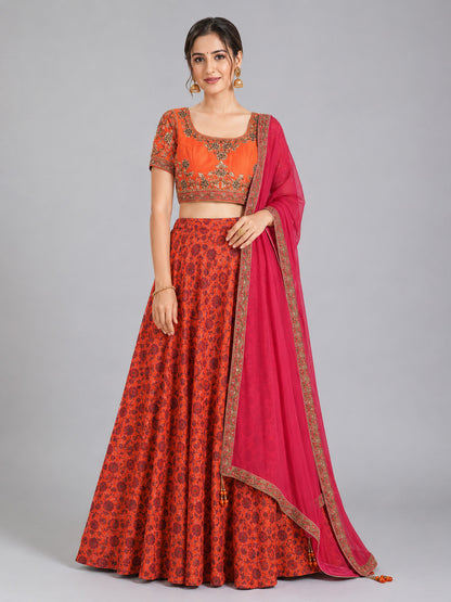 Orange Silk Blend Embroidered Lehenga
