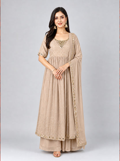 Beige Georgette Embellished Kurta Set