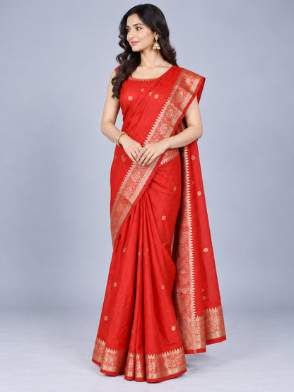 Red Silk Blend Solid Saree