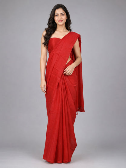 Red Silk Blend Plain Saree
