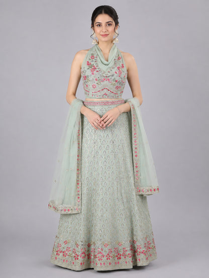 Pista Green Silk Blend Embellished Lehenga