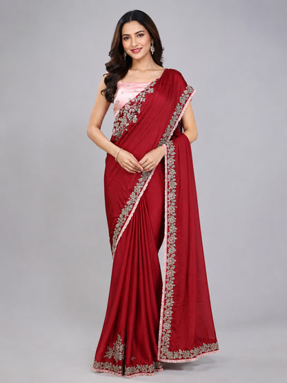 Maroon Silk Blend Embellished Saree