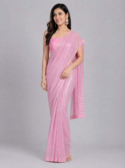 Light Pink Silk Blend Embellished Saree