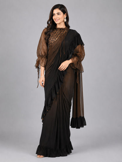 Brown Silk Blend Embellished Saree