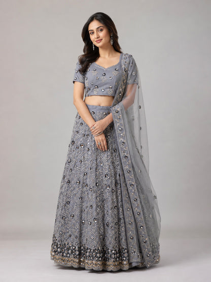 Grey Silk Blend Embellished Lehenga
