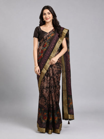 Maroon Silk Blend Printed Saree