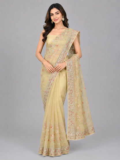 Cream Net Embellished Saree