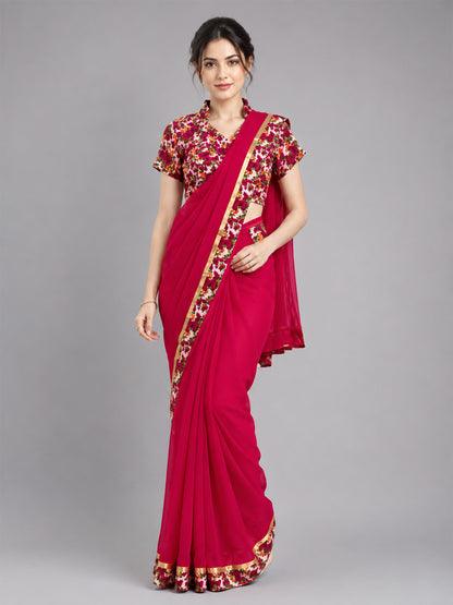 Pink Silk Blend Plain Saree